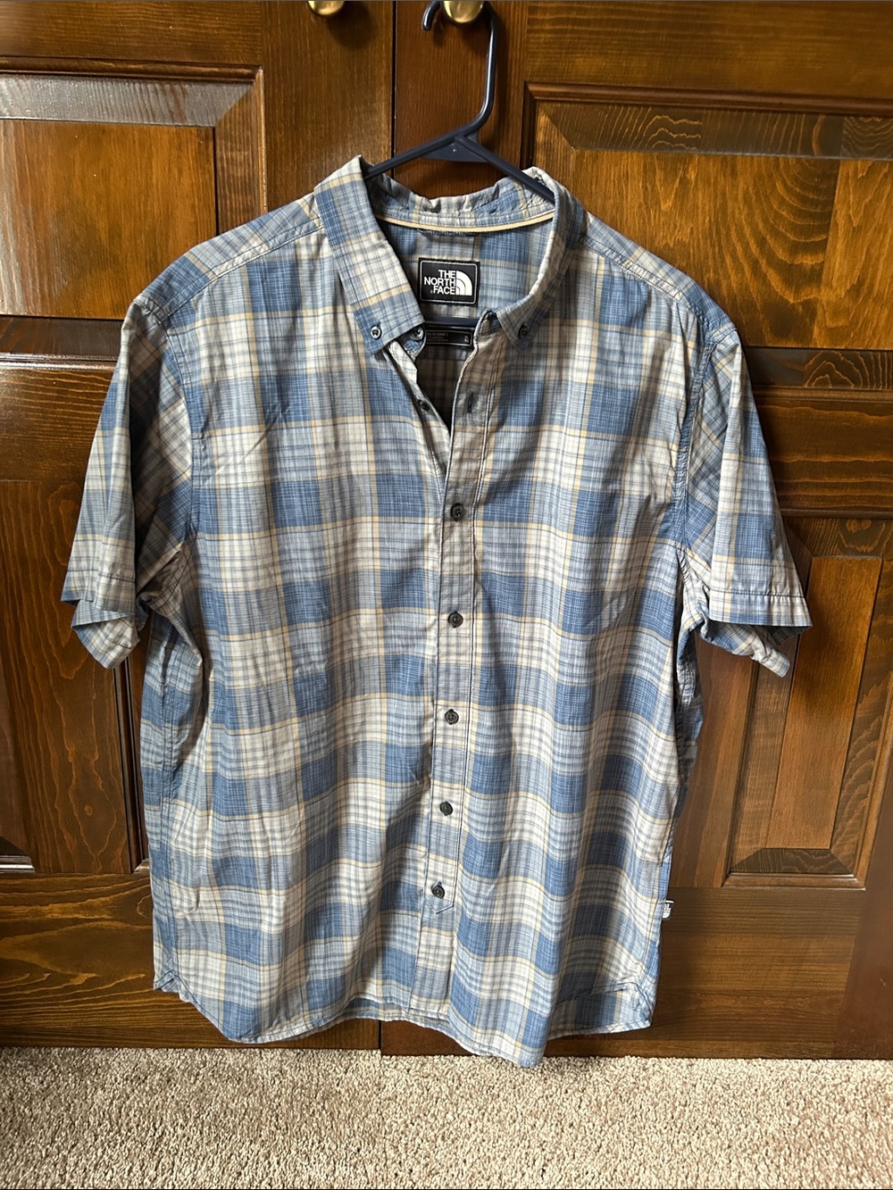 The North Face Blue and White Plaid Short-Sleeve Button-Down Shirt